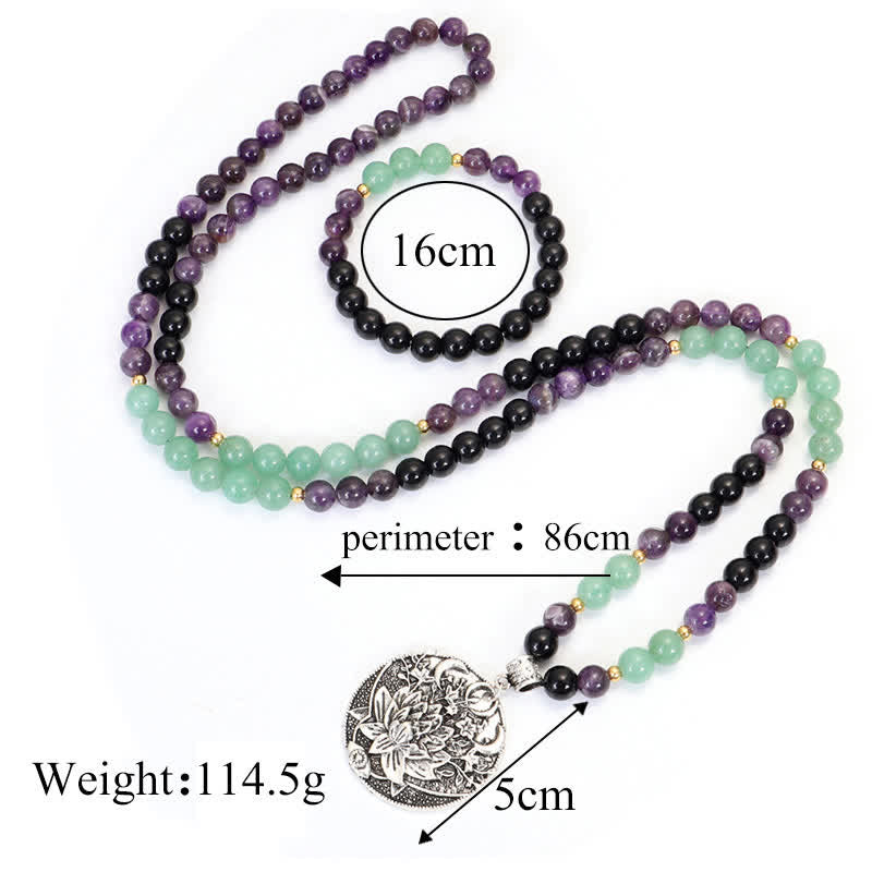 Buddha Stones 108 Mala-Perlen, Amethyst, grüner Aventurin, Lotus, Meditationsarmband