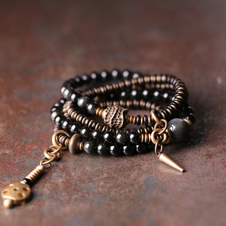 Buddha Stones Regenbogen-Obsidian-Ebenholz-Kupfer-positives mehrschichtiges Armband