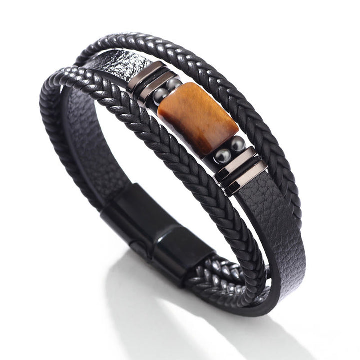 Buddha Stones Tiger Eye Power Magnetschnalle Mehrschichtiges Lederarmband - Ein Tigeraugenstein - 19-21 cm - image 0