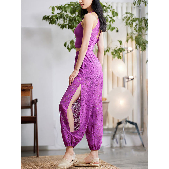 Buddha Stones Cashew Flowers Pattern Lockere Haremshose Damen Yogahose mit seitlichem Schlitz