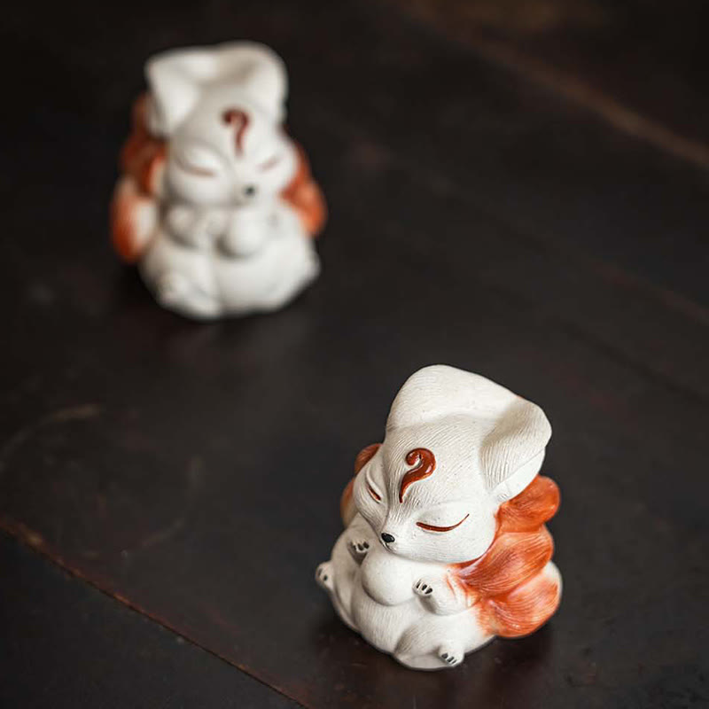 Buddha Stones, Mini-Fuchs mit neun Schwänzen, lila Ton, Glücksbringer, Schreibtisch-Dekoration