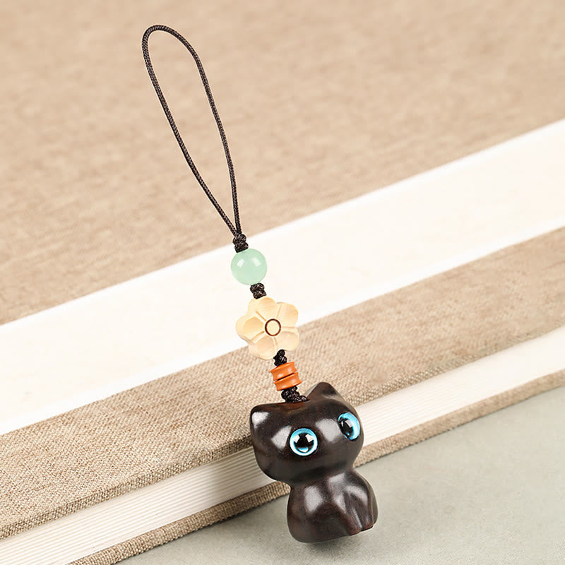 Buddha Stones, Mini-Schlüsselanhänger, kleines Blatt, rotes Sandelholz, Ebenholz, glückliche Katze, hübsches Kätzchen, Frieden, Schlüsselanhänger, Dekoration zum Aufhängen am Telefon - Telefon Hängende Dekoration - Ebenholzkatze - image 14
