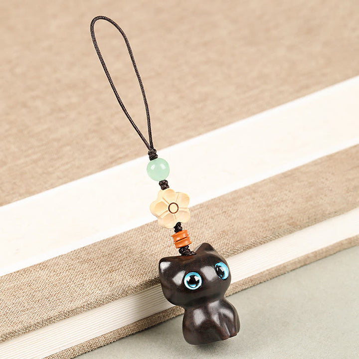 Buddha Stones, Mini-Schlüsselanhänger, kleines Blatt, rotes Sandelholz, Ebenholz, glückliche Katze, hübsches Kätzchen, Frieden, Schlüsselanhänger, Dekoration zum Aufhängen am Telefon - Telefon Hängende Dekoration - Ebenholzkatze - image 14