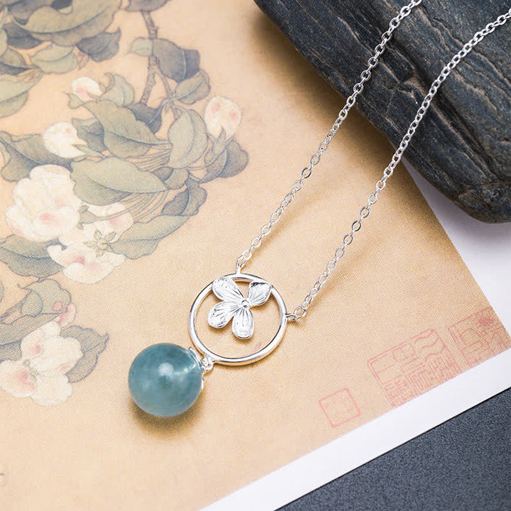 Buddha Stones 925 Sterling Silber natürliche Aquamarin Blatt Blume Frieden Ohrringe Halskette - Halskette mit Aquamarinblume - image 10