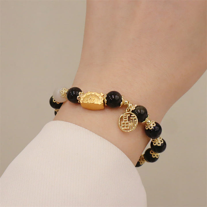 Buddha Stones, Jahr des Drachen, roter Achat, Erdbeerquarz, schwarzer Obsidian, Jade, Granat, Perle, Zinnober, Knödel, Drache, Glück, Fu, Charakter-Armband - image 15