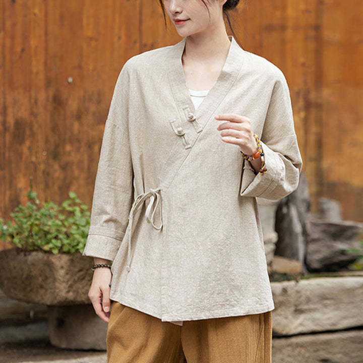 Buddha Stones Frosch-Knopf Hanfu Design Shirt Top Ramie Leinen Jacke