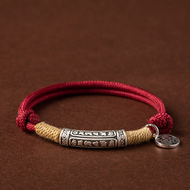 Buddha Stones 999 Sterling Silber Tibet Handgefertigtes Om Mani Padme Hum Fu Charakter TopRank Charakter Glück geflochtenes Armband - Silver Om Mani Padme Hum - Rotes Seil (Handgelenkumfang 15-19 cm) - image 0