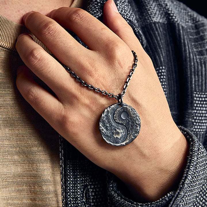 Buddha Stones 990 Sterling Silber Yin Yang Hammer Textur Harmony Halskette Anhänger - image 4
