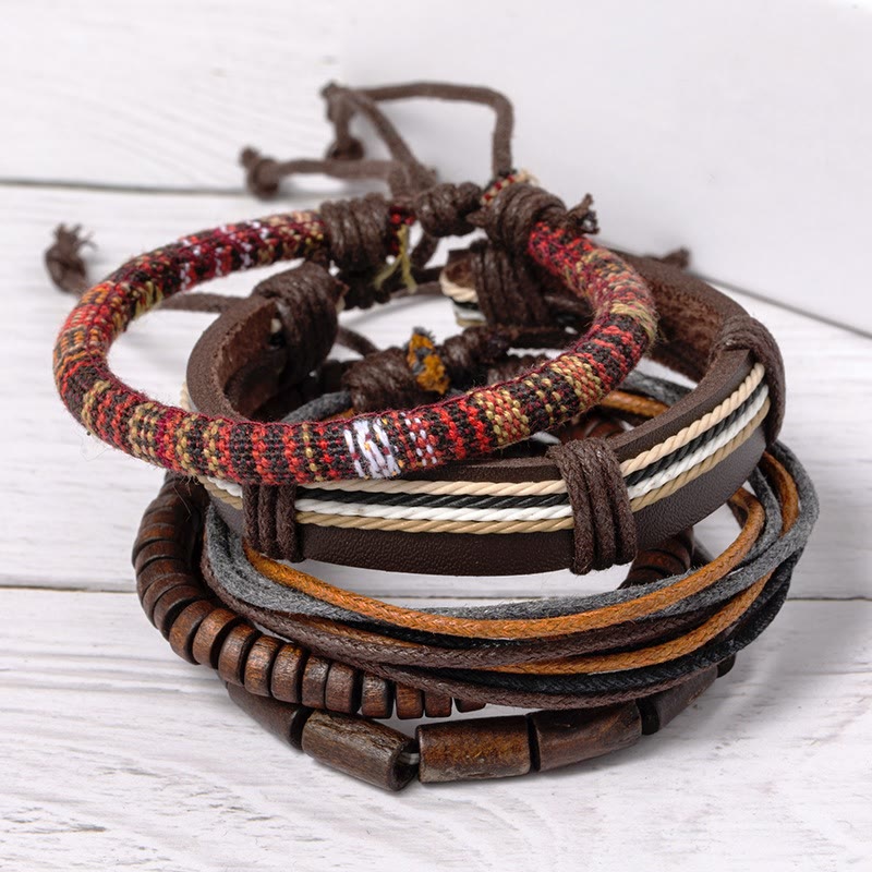 Buddha Stones Wickelarmband aus Hanfschnüren, Holzperlen und Leder