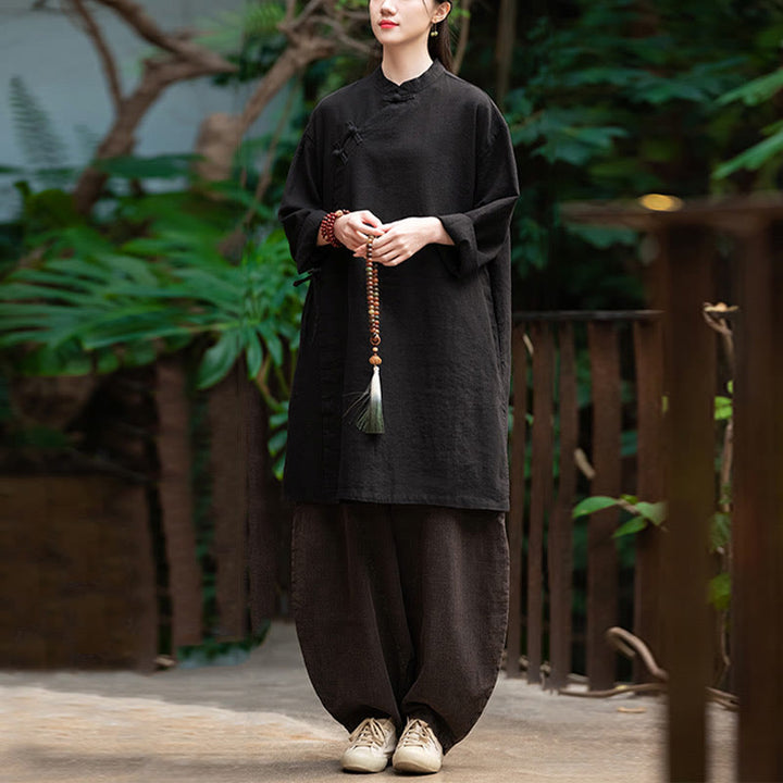 Buddha Stones Vintage Baumwollleinen Bluse Damen Langarmshirt Chinesisches Hanfu Top