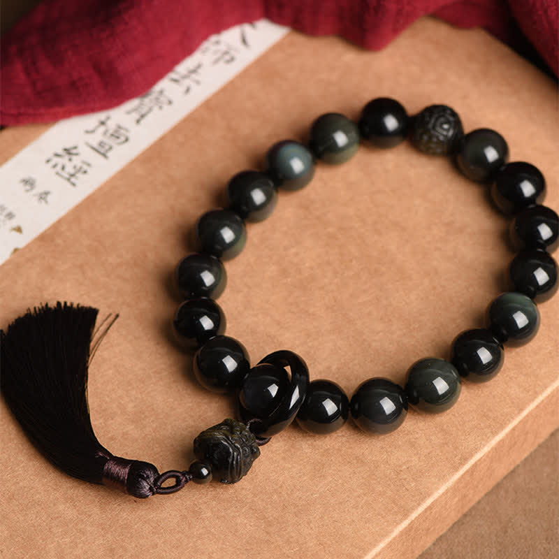 Buddha Stones, natürlicher schwarzer Obsidian, Löwe, Handgelenk-Mala, Schutzquasten, Taschen-Mala, Auto-Dekoration