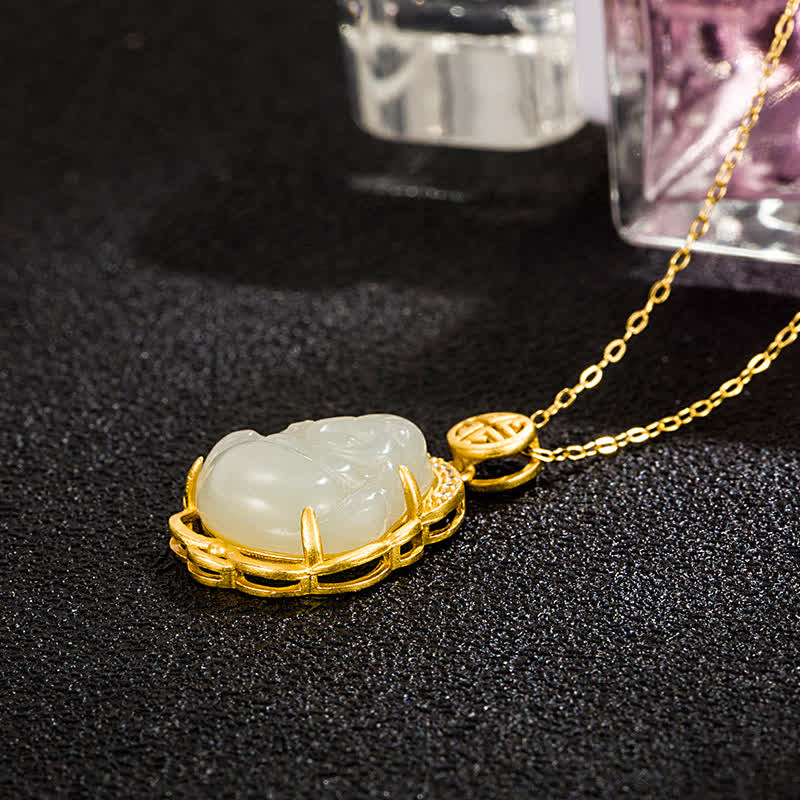 925 Sterling Silber Lachender Buddha Hetian Weiß Jade Schutz Halskette Anhänger - image 3