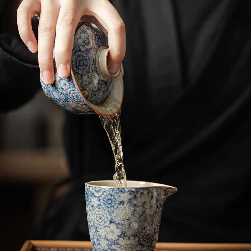 Buddha Stones Vintage Blaues und Weiß Porzellan Pfirsichblüte Lotus Pfingstrose Keramik Gaiwan Sancai Teetasse Kung Fu Teetasse und Untertasse mit Deckel - image 8