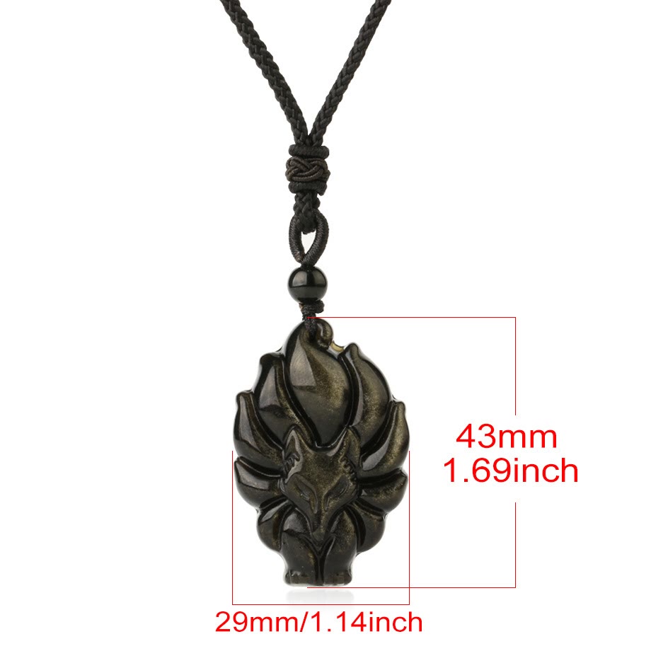 Buddha Stones Natürliche Fluorit-Goldglanz-Obsidian-Fuchs-Anhänger-Schutz-Halskette