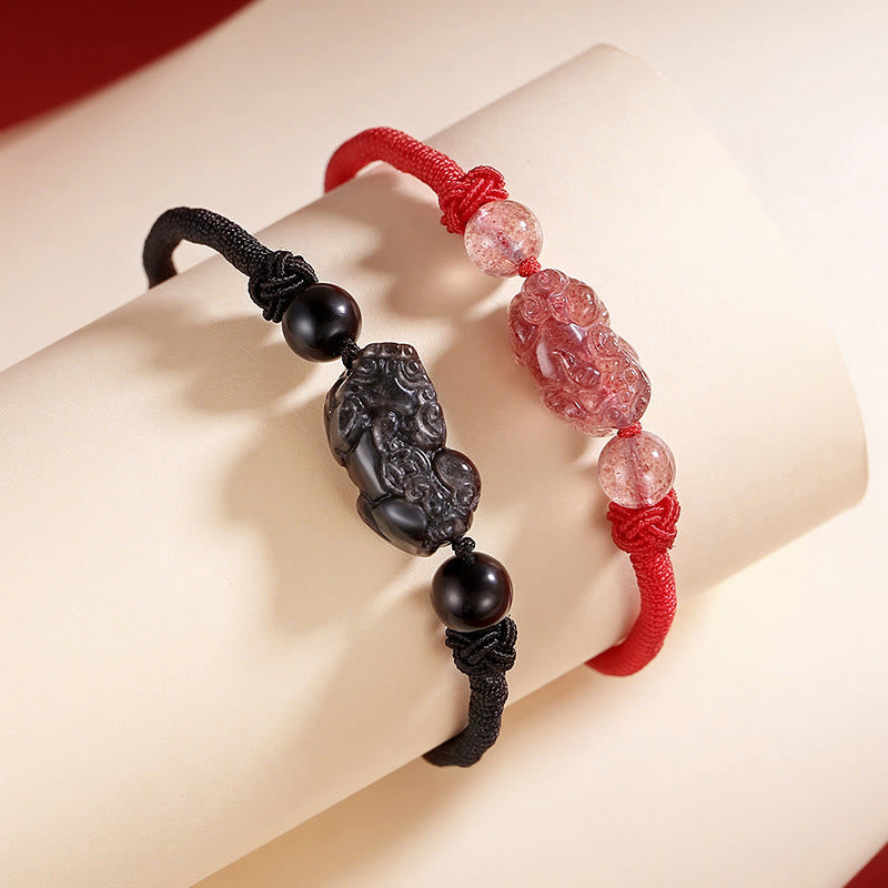 Buddha Stones Handgefertigtes geflochtenes PiXiu-Schutzarmband mit Obsidian und Erdbeerquarz in natürlichem Silberglanz - image 1
