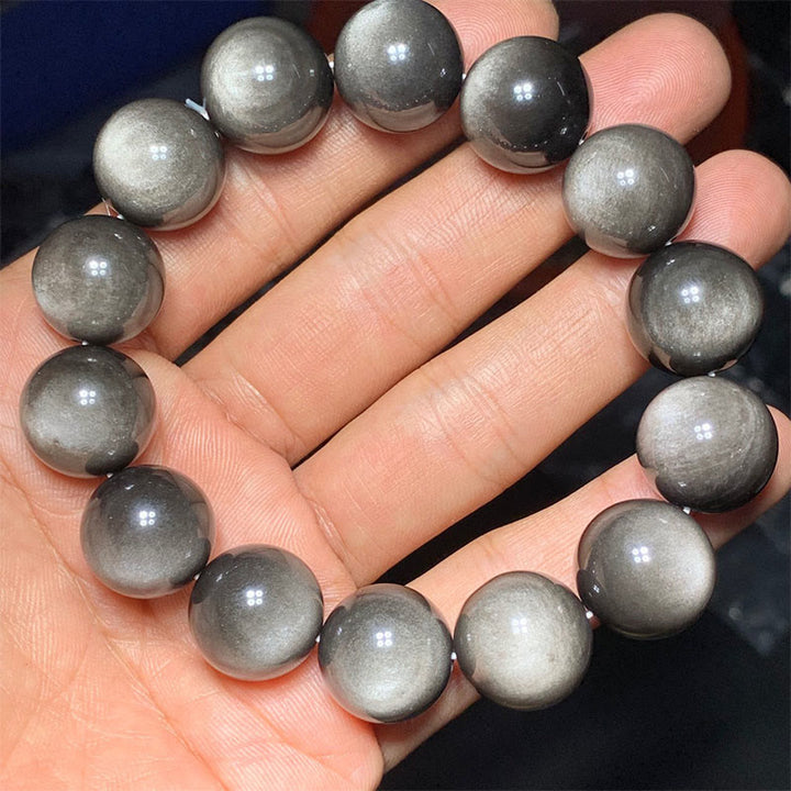 Buddha Stones Natürliches Obsidian-Armband mit silbernem Glanz und beruhigendem Schutz