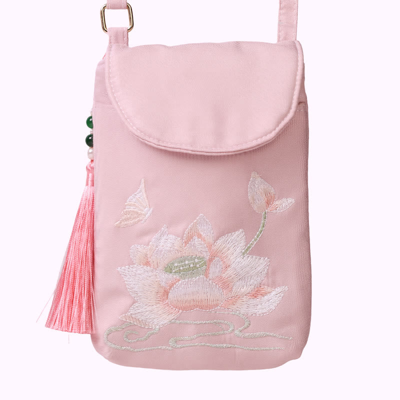 Buddha Stones Kleine Tasche mit gestickten Blumen, Crossbody-Tasche, Schultertasche, zweilagige Handytasche