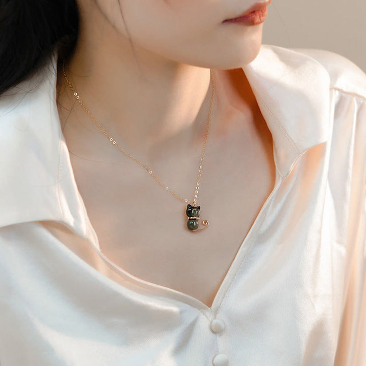 Buddha Stones 14K vergoldete Perle Hetian Jade Muschel Glück Katze Kätzchen Halskette Anhänger - image 11
