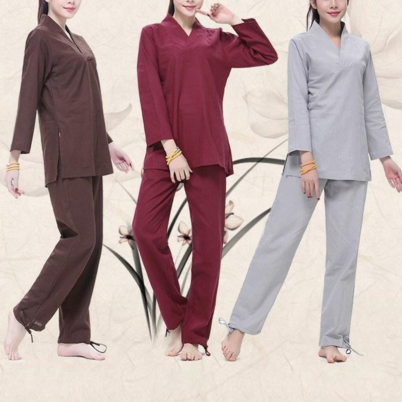 Buddha Stones Zen Praxis Yoga Meditation Gebet V-Ausschnitt Design Uniform Baumwolle Leinen Kleidung Damen Set