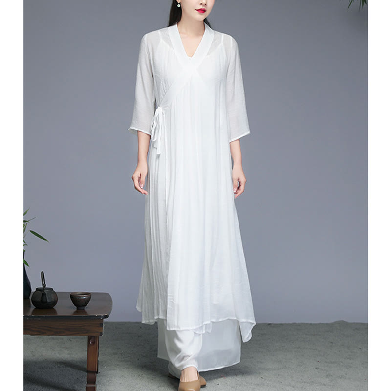 Midikleid im Hanfu-Stil mit Buddha-Steinen, Hose mit weitem Bein, Meditation, Zen-Praxis, Yoga, Tanzkleidung