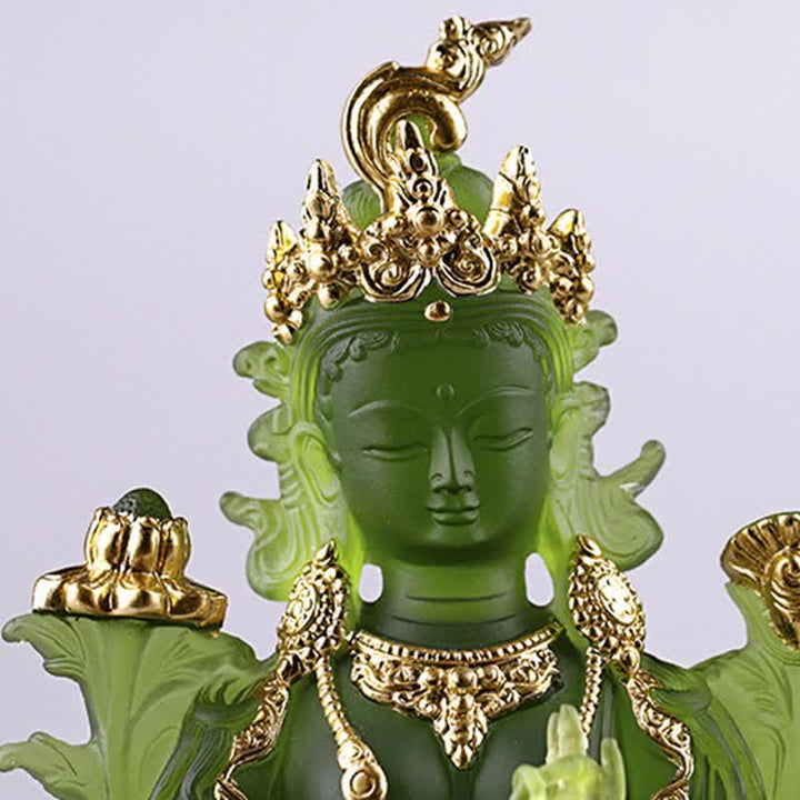 Bodhisattva Grüne Tara, handgefertigt, Liuli-Kristall, Kunststück, Schutz, Heimbüro, Statue, Dekoration