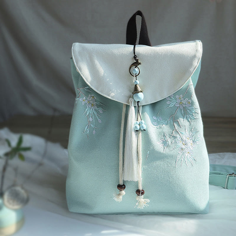 Handgemachter, bestickter Canvas-Rucksack mit Buddha Stones und großer Kapazität - Grüne Birnenblüte - image 0