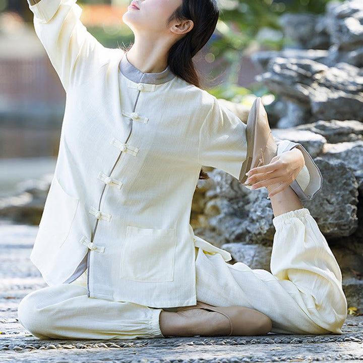 Buddha Stones 2-teiliges Set mit Froschknöpfen, langärmeliges Hemd, Oberteil und Hose, Meditation, Zen, Tai Chi, Baumwoll-Leinen-Kleidung für Damen