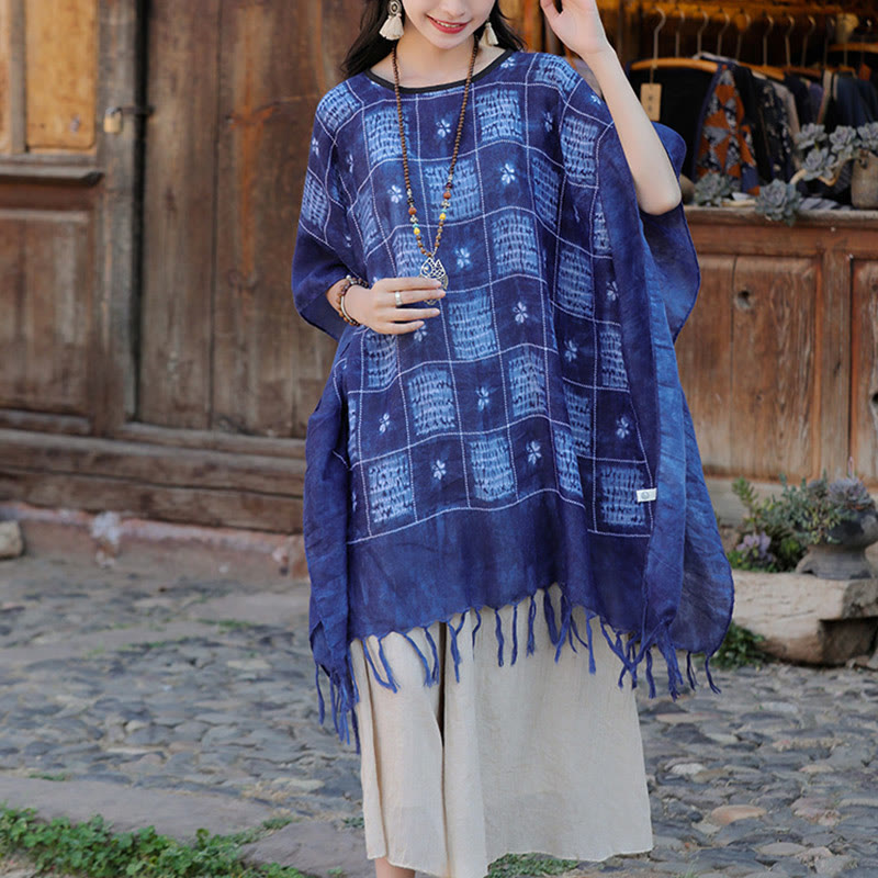 Buddha Stones Blau Farbblock Plaid Schal Quasten Weicher Pullover 90*95cm