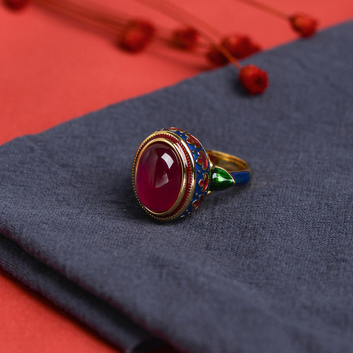 Buddha Stones 925 Sterling Silber Red Corundum Courage Ring - image 1