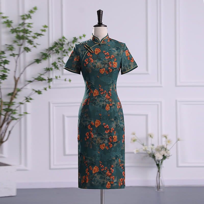 Buddha Stones Retro Blume Lotus Pfingstrose Feder Druck Qipao Kleid Damen Cheongsam Kleid - Grüne Blume - US16， UK/AU20，EU48 (5XL) - image 1