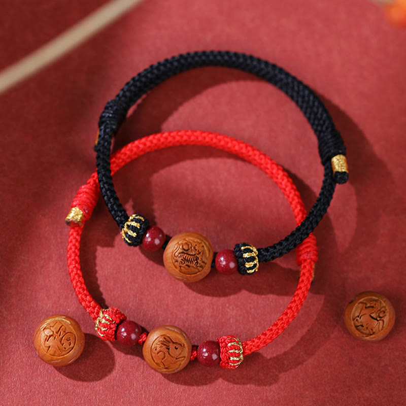 Armband mit Buddha Stonesn, natürlichem Pfirsichholz, chinesischem Sternzeichen Fu, geschnitztem Zinnober-Reichtumsarmband - image 0