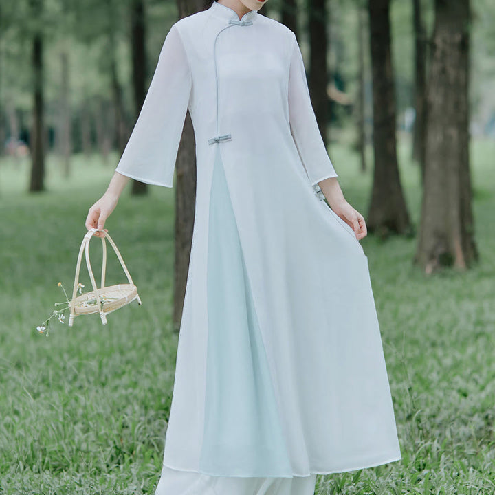 Buddha Stones Dreiviertelärmel Chiffon Cheongsam Midikleid Weite Hose Meditation Zen Praxis Kleidung