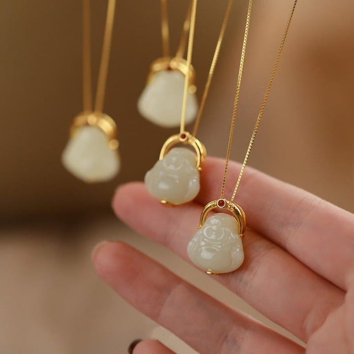Buddha Stones 925 Sterling Silber natürliche Hetian Jade lachender Buddha Fülle Kette Halskette Anhänger - Hetian Jade (Wohlstand♥Fülle) - image 0