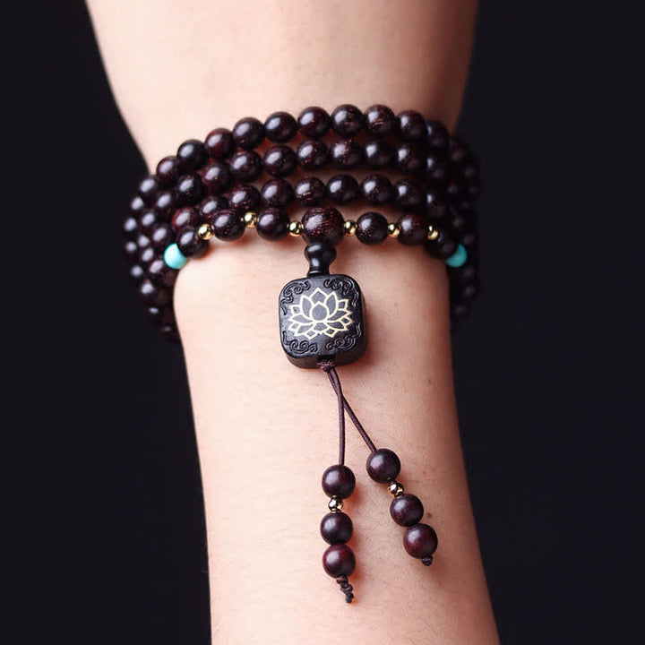 Buddha Stones 108 Mala-Perlen, tibetisches kleines Blatt, rotes Sandelholz, Lotus-Balance-Armband