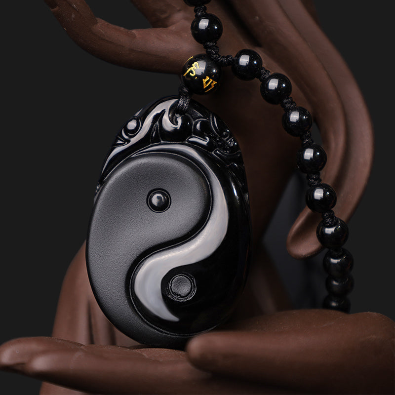 Buddha Stones Halsketten-Anhänger, natürlicher schwarzer Obsidian, Yin Yang, Fulfilment Strength