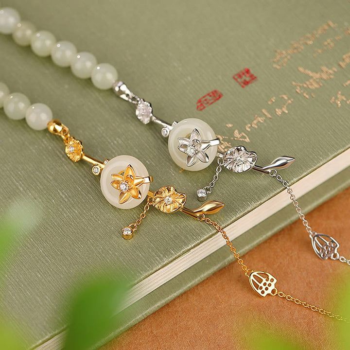 Buddha Stones 925 Sterling Silber Hetian Jade Friedensschnalle Lotus Glückskettenarmband - image 1