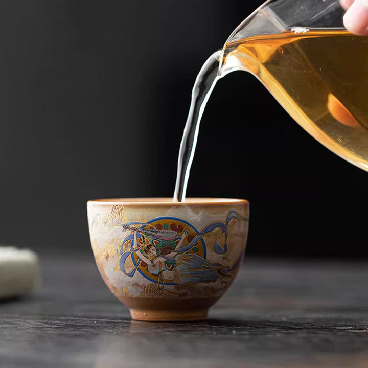 Buddha Stones Dunhuang Flying Apsaras Gaiwan Sancai Teetasse aus Keramik, Kung Fu Teetasse mit Deckel