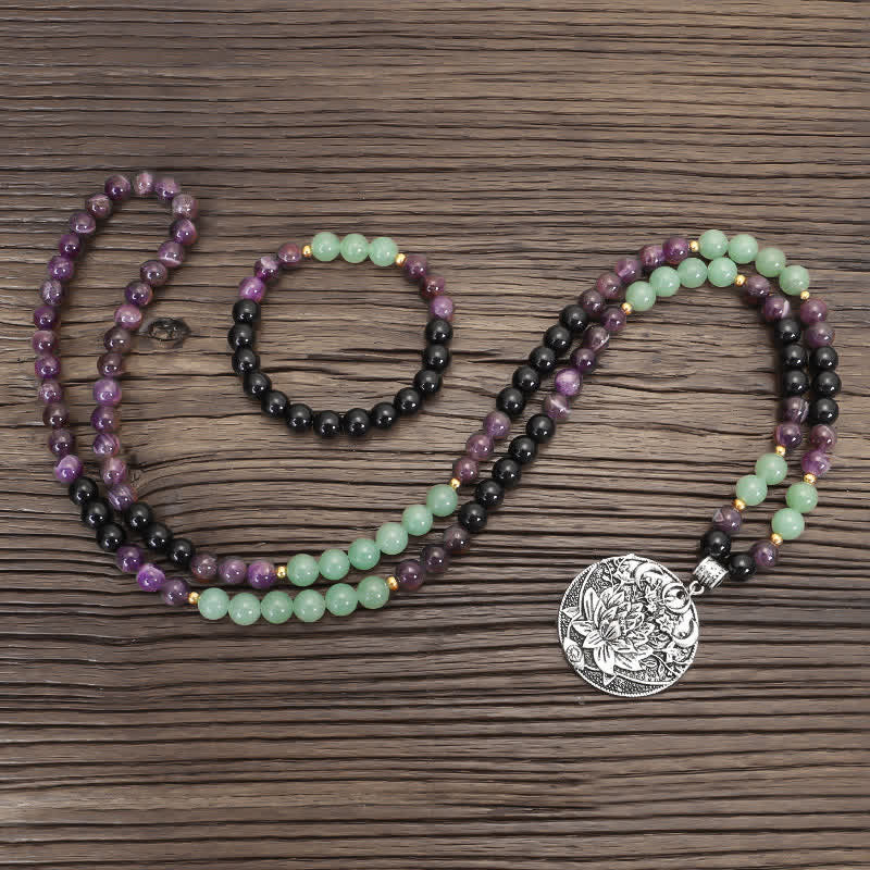 Buddha Stones 108 Mala-Perlen, Amethyst, grüner Aventurin, Lotus, Meditationsarmband - image 12