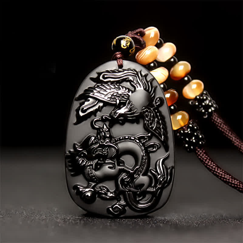 Schwarzer Obsidian Tigerauge Drache Phönix Schutz Perlen Halskette Anhänger - image 1