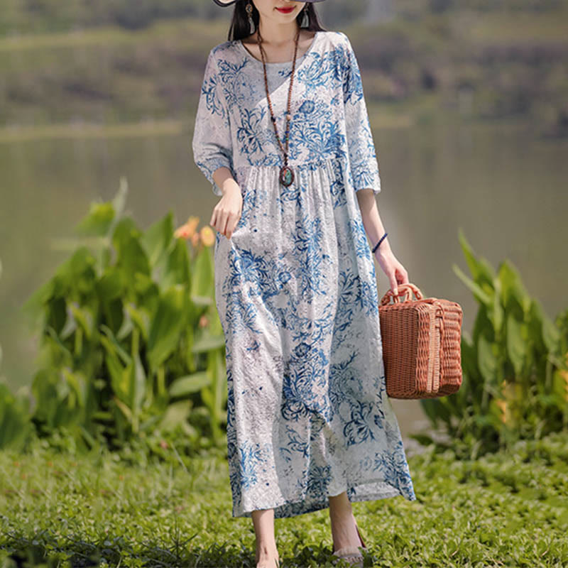 Midikleid mit Buddha-Steinen und Blumen-Print, Tunikakleid aus Baumwolle und Leinen mit Taschen