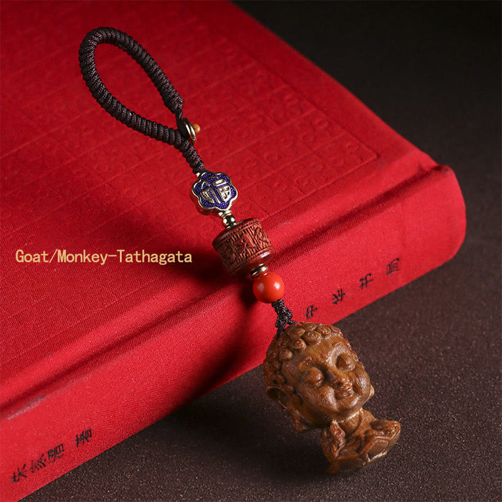 Chinesischer Tierkreiszeichen-Buddha-Schlüsselanhänger aus grünem Sandelholz Om Mani Padme Hum Frieden - Ziege/Affe-Tathagata - image 15