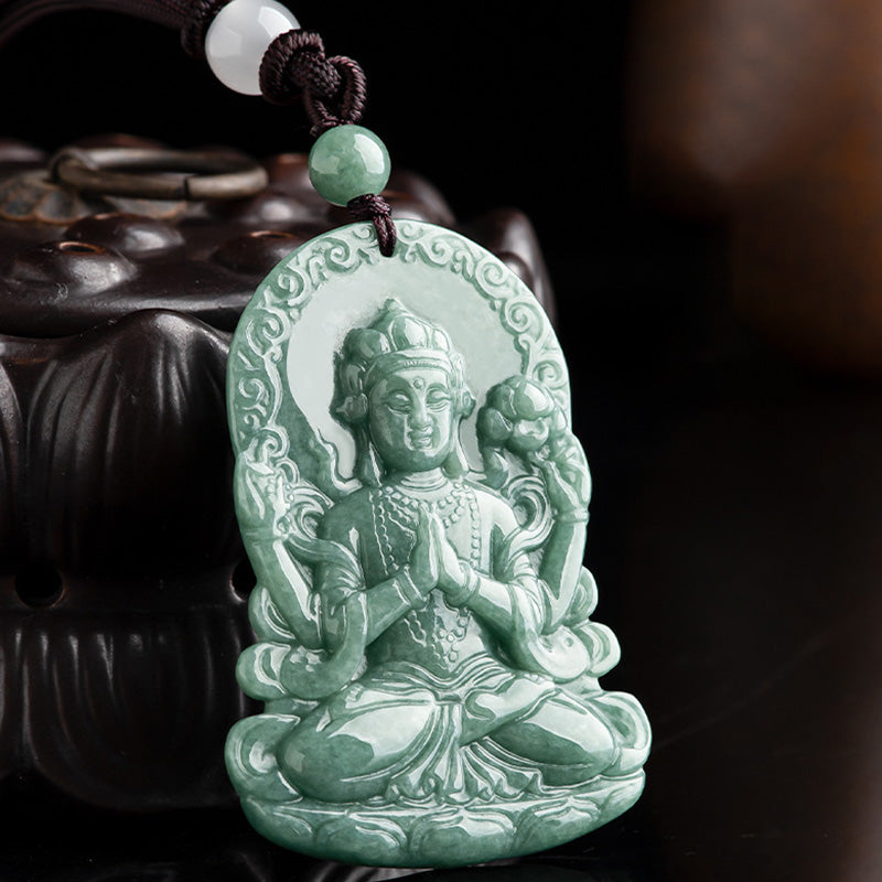 Vierarmige Avalokitesvara-Amulett-Segen-Halskette aus natürlicher Jade - image 5