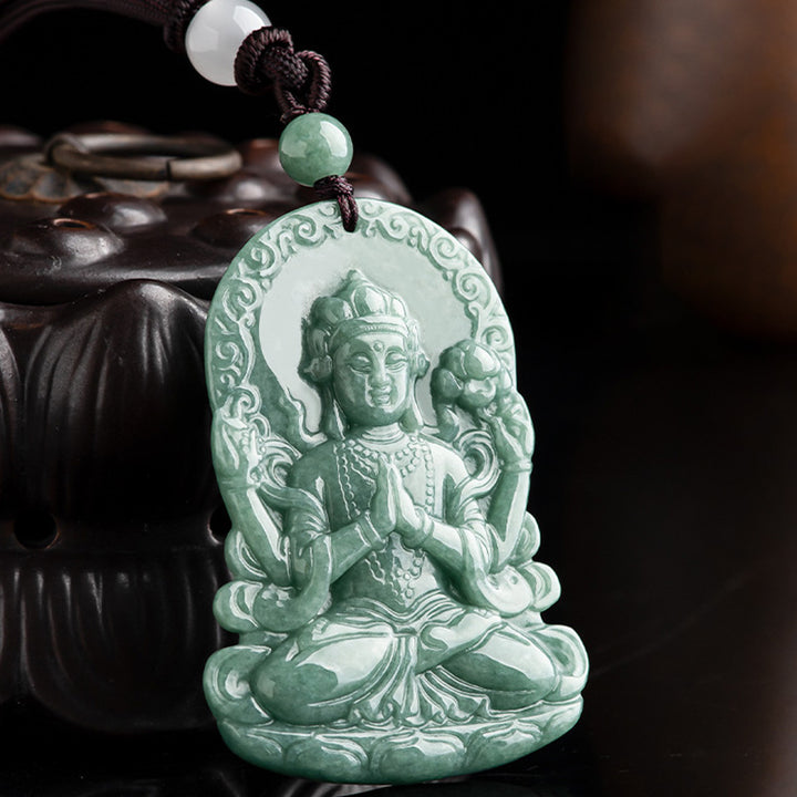 Vierarmige Avalokitesvara-Amulett-Segen-Halskette aus natürlicher Jade - image 5