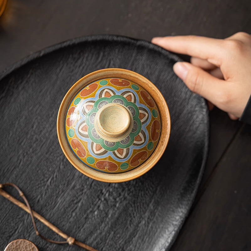 Buddha Stones Dunhuang Flying Apsaras Gaiwan Sancai Teetasse aus Keramik, Kung Fu Teetasse mit Deckel