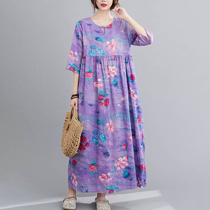 Midikleid mit Buddha-Steinen und Blumen-Print, Tunikakleid aus Baumwolle und Leinen mit Taschen