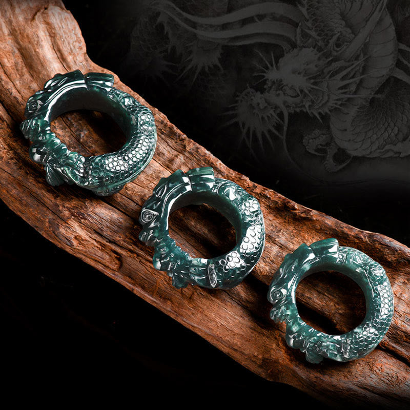 Buddha Stones Natürlicher Cyan-Jade-Drachen-geschnitzter Erfolgsring - image 6
