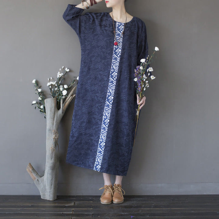 Buddha Stones – Jacquard-Midikleid mit Blumenstickerei, Blau, Dreiviertelärmeln, Baumwollkleid mit Taschen