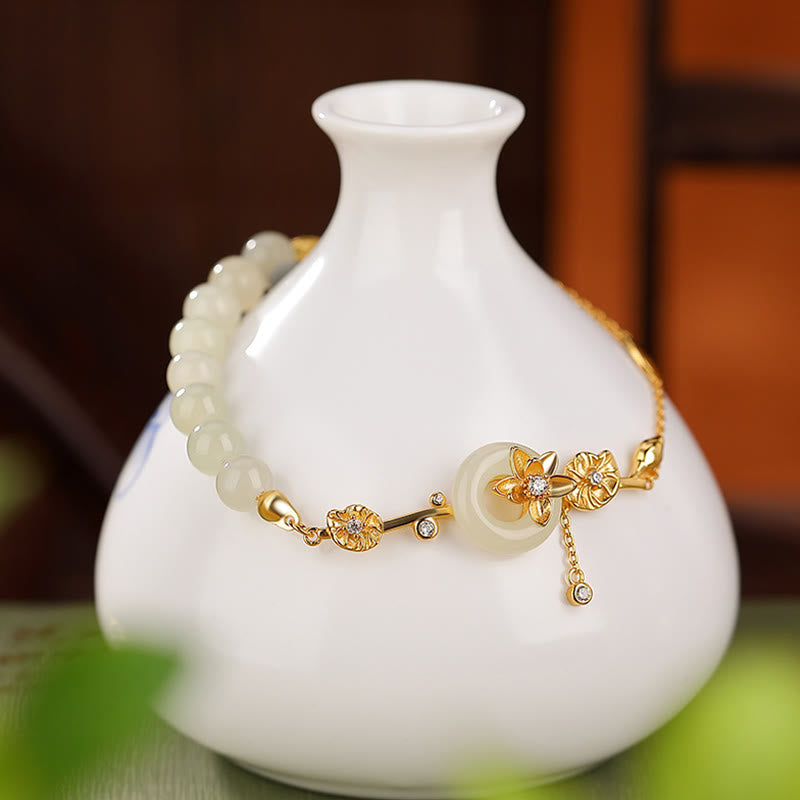 Buddha Stones 925 Sterling Silber Hetian Jade Friedensschnalle Lotus Glückskettenarmband - image 2