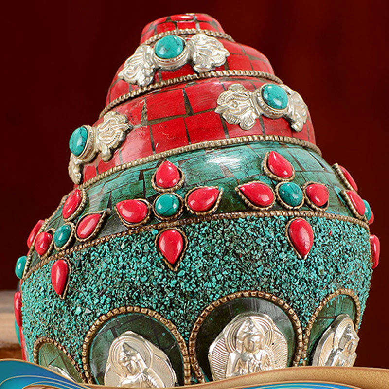 Tibetische handgemachte Shankha Om Mani Padme Hum Buddha Avalokitesvara Türkis Muschel Muschel positive Dekoration - image 5