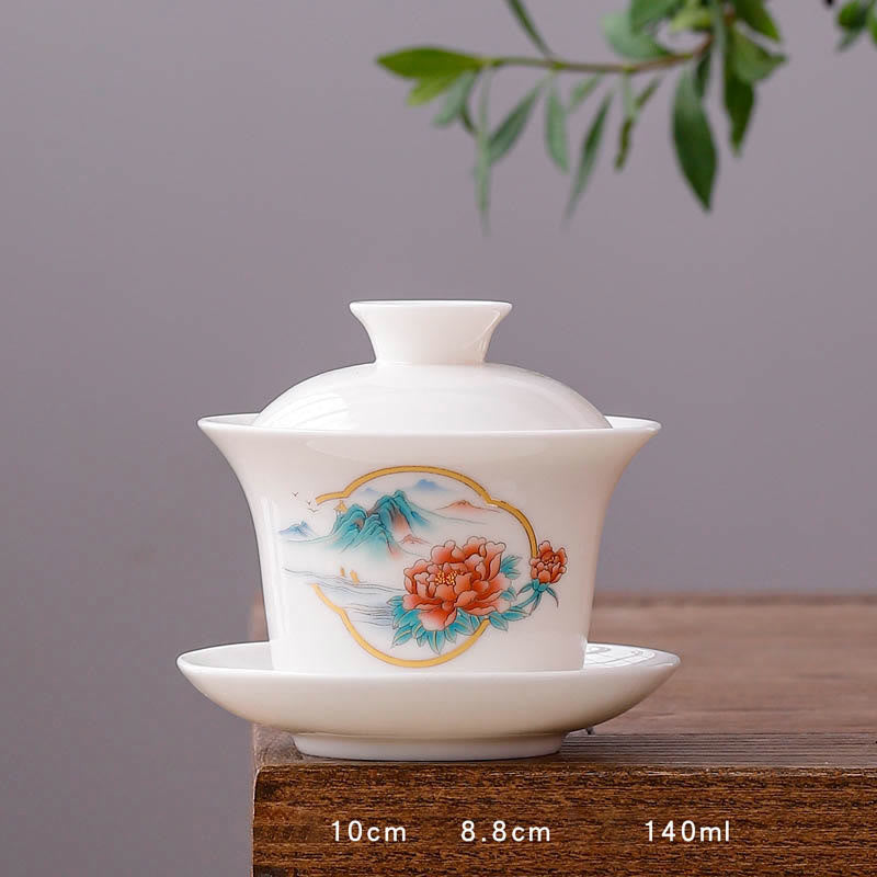 Buddha-Steine, Weiß Porzellan, Berglandschaft, Landschaft, Keramik, Gaiwan-Teetasse, Kung-Fu-Teetasse und Untertasse mit Deckel